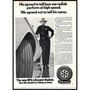 1970 BF Goodrich Lifesaver Tires Vintage Print Ad State Trooper Car Wall Art